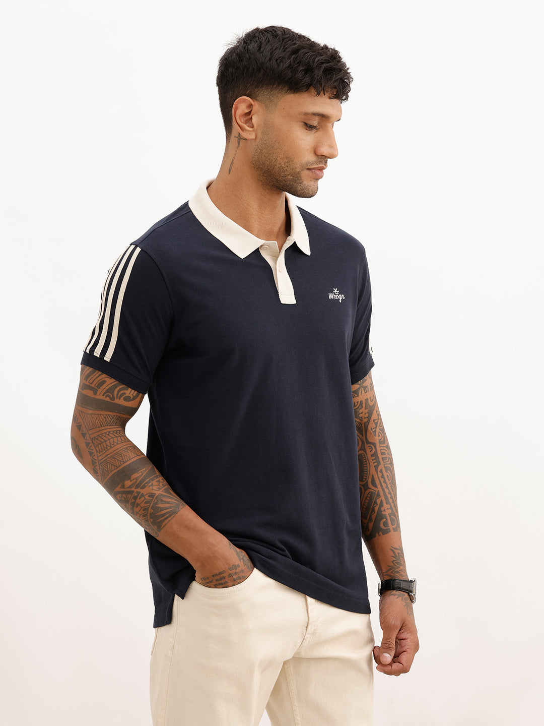 Slim Fit Side Stripe Polo T-Shirt | Navy Blue