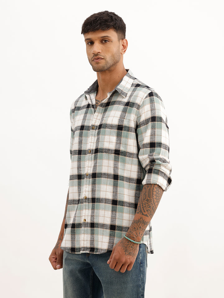 Slim Fit Checkered Full Sleeve Shirt | Teal