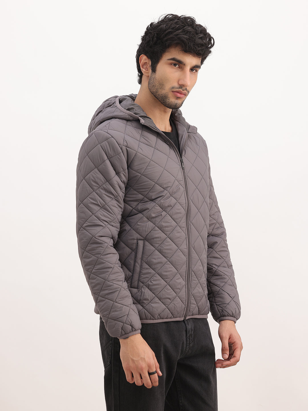 Solid Regular Fit Puffer Jacket | Grey