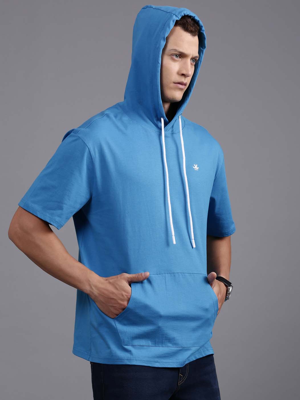 Blue Hooded Back Print T-Shirt