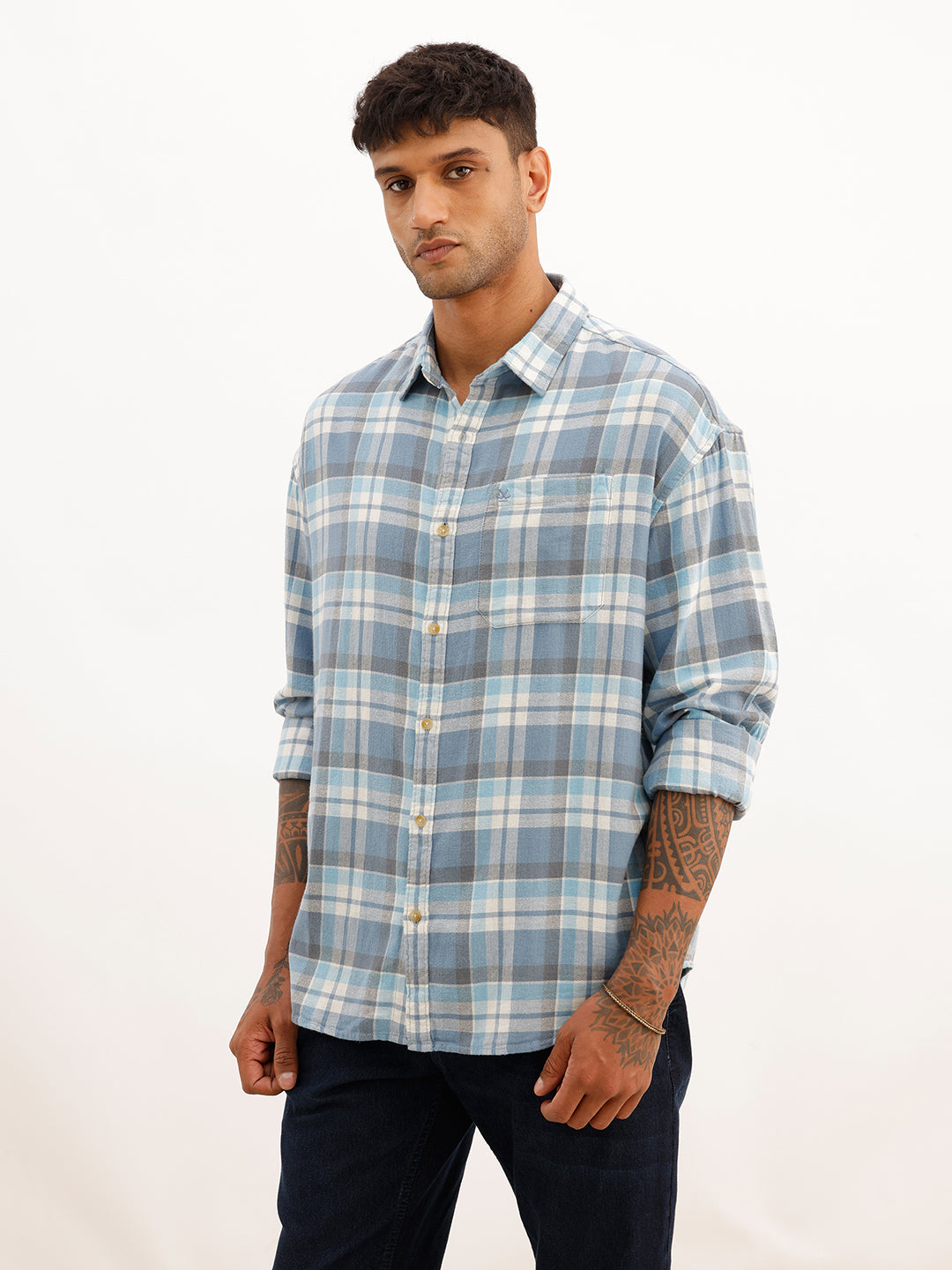Oversized Checkered Full Sleeve Shirt | Blue