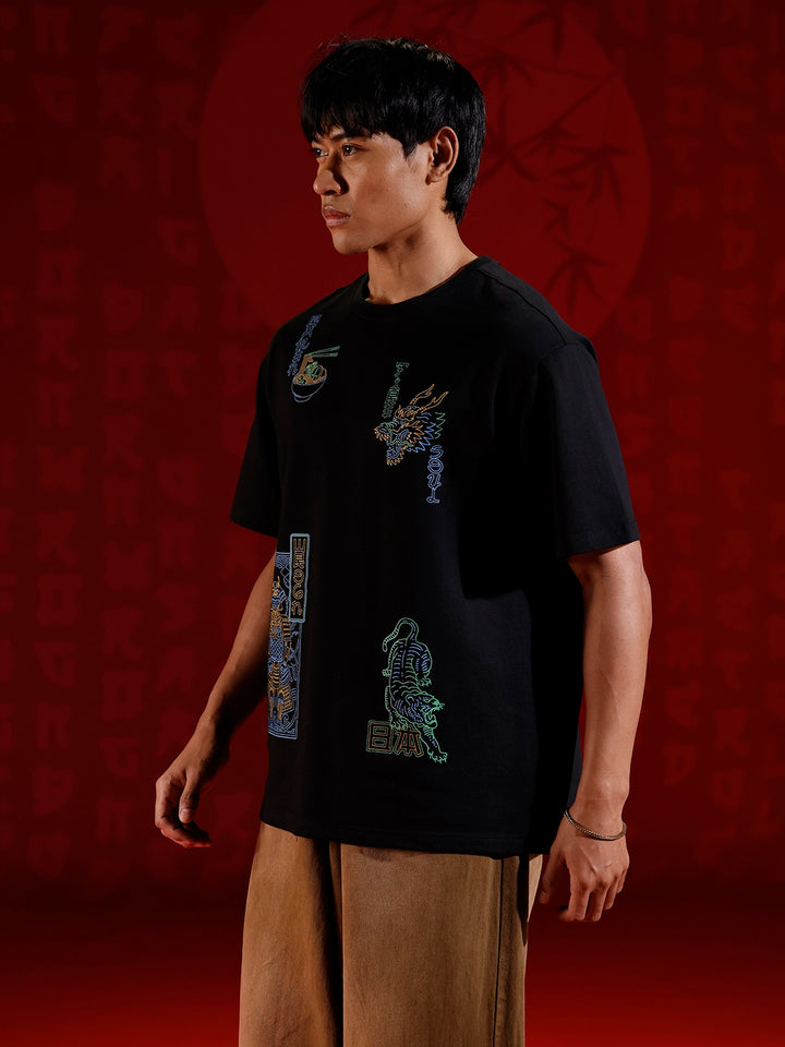 Samurai multi-print oversized T-shirt | Black