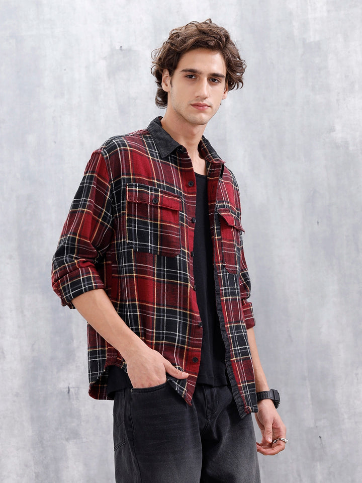 Casual Oversized Fit Checkered Pattern Shirt | Red