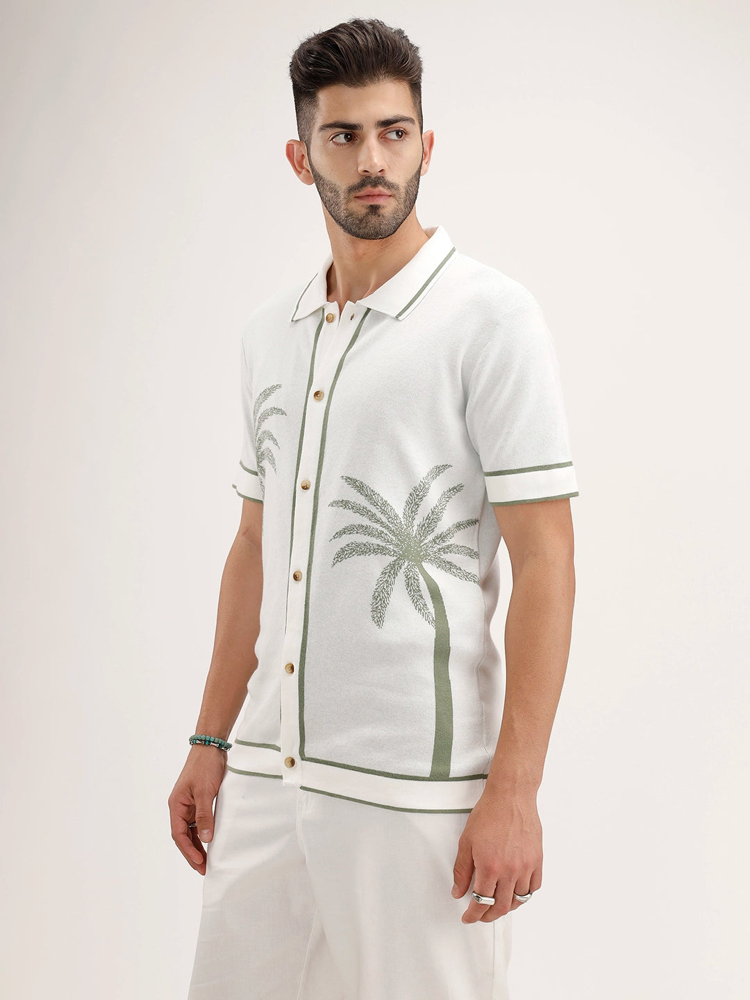 Slim Fit Jacquard Resort Collar Shirt | Off White