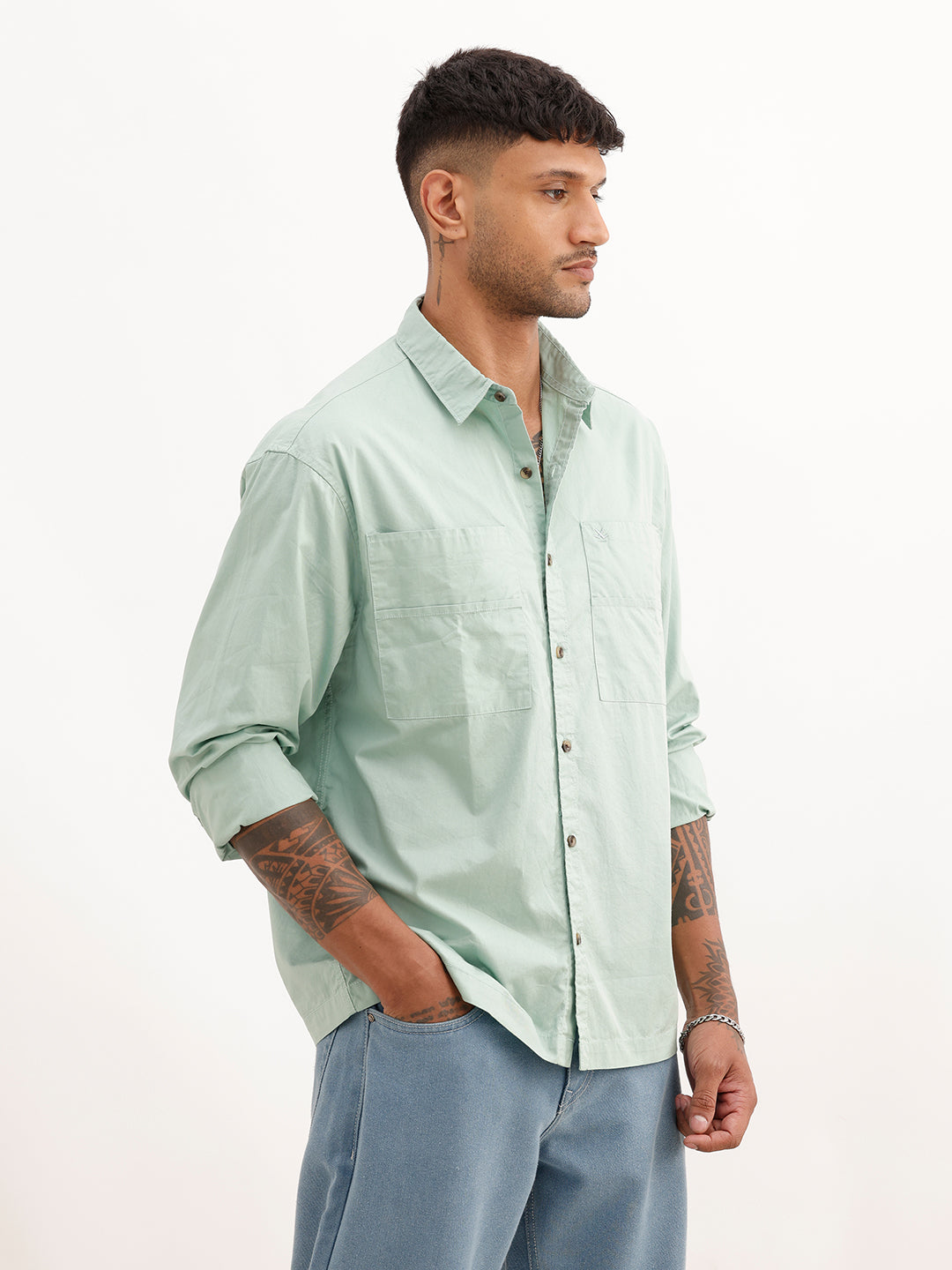 Solid Comfort Fit Double Pocket Shirt | Green