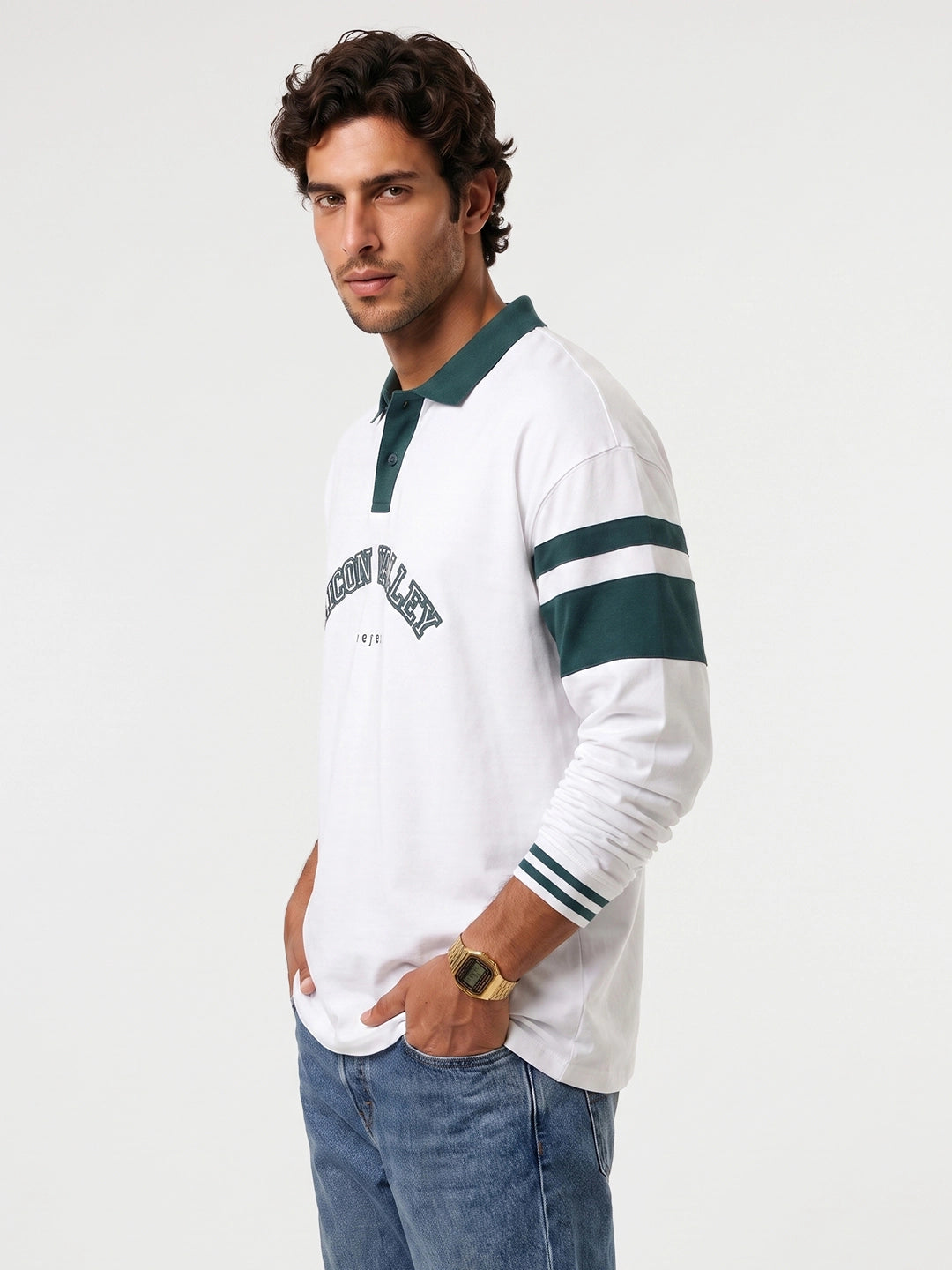 Full Sleeve Contrast Collar Polo T-Shirt | White