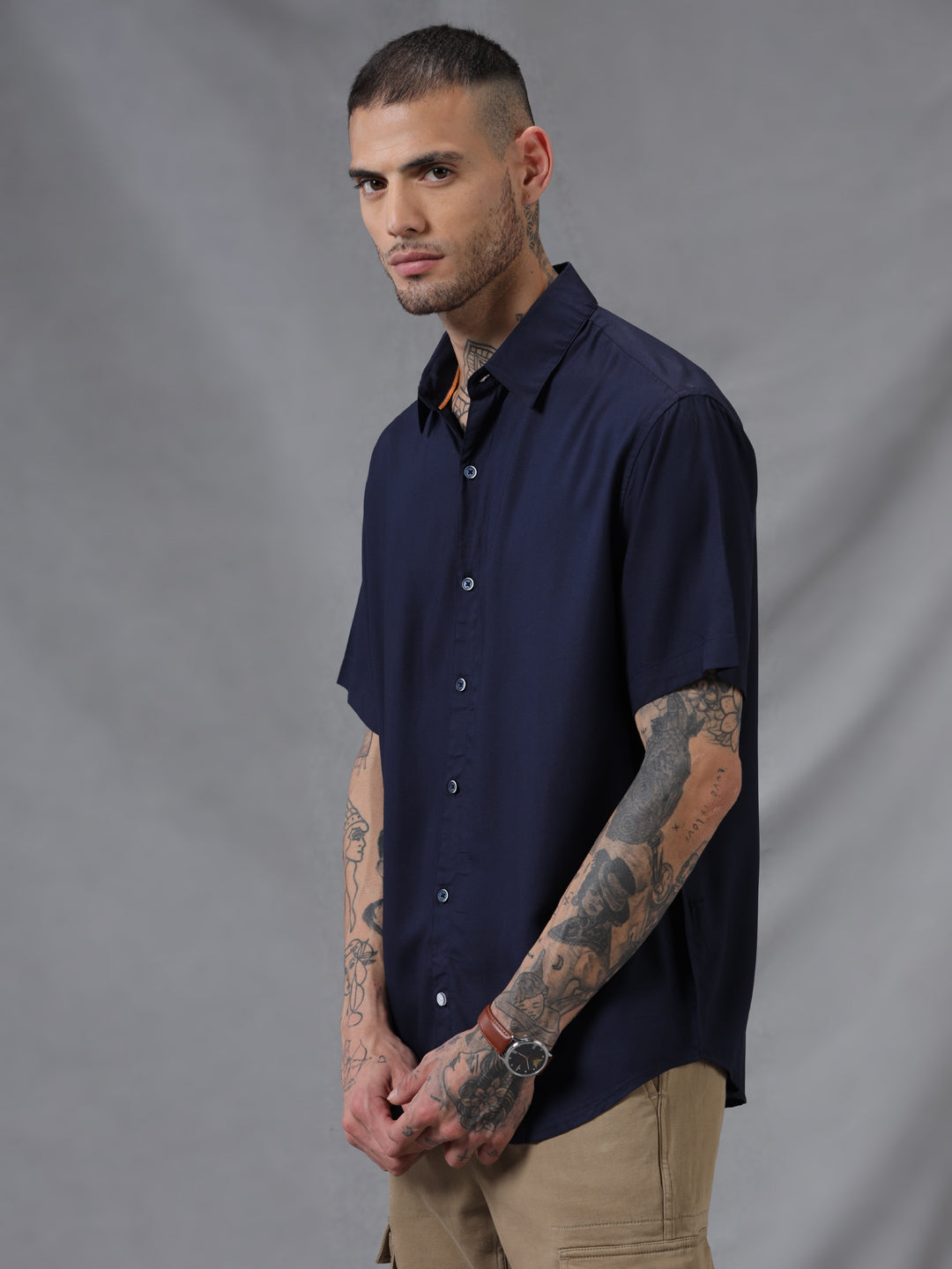 Solid Dark Blue Viscose Shirt