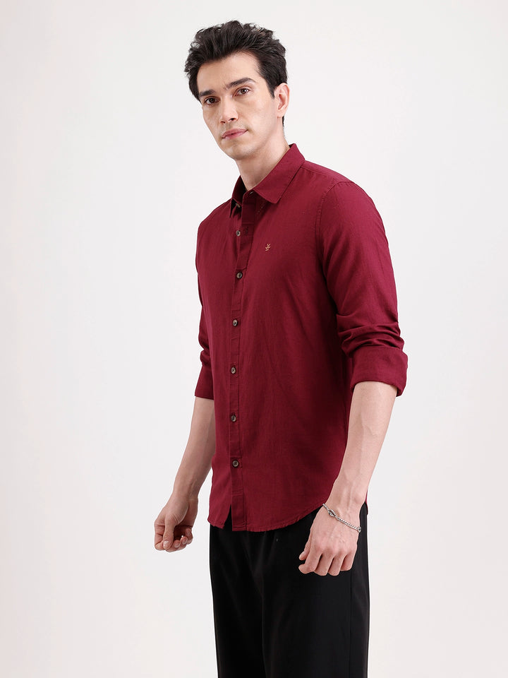 Solid Slim Fit Linen Blend Shirt  | Wine