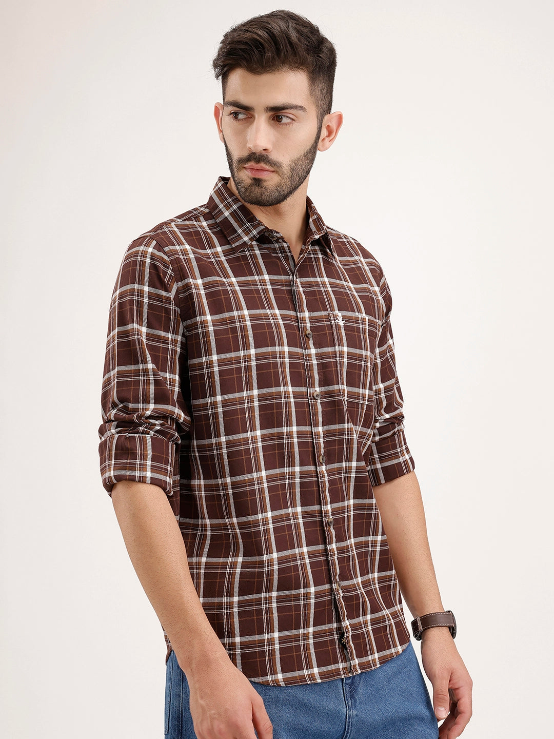 Regular Fit Textured Checkered Shirt | Dark Brown