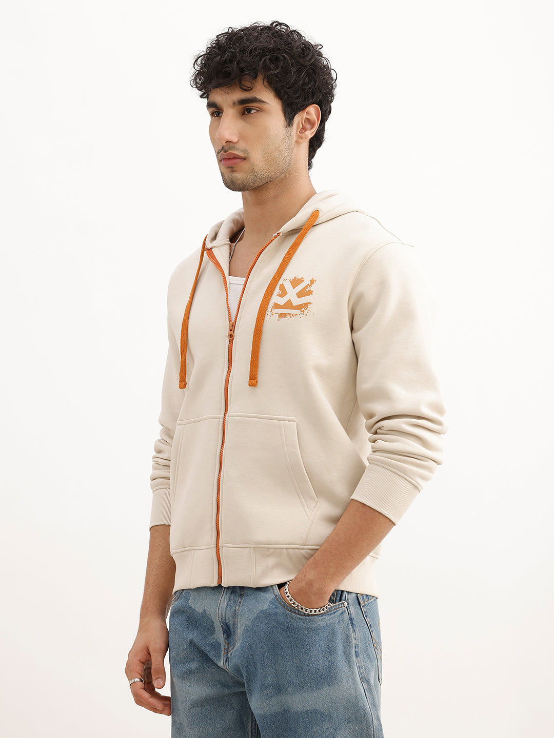 Classic Printed Zipper Hooded Sweatshirt | Beige