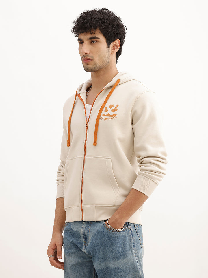 Classic Printed Zipper Hooded Sweatshirt | Beige