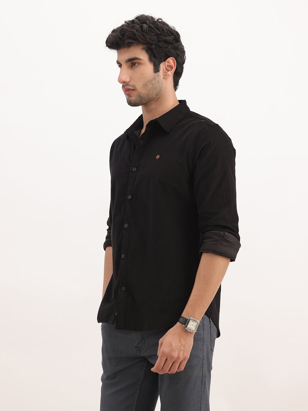 Slim Fit Solid Corduroy Shirt | Black