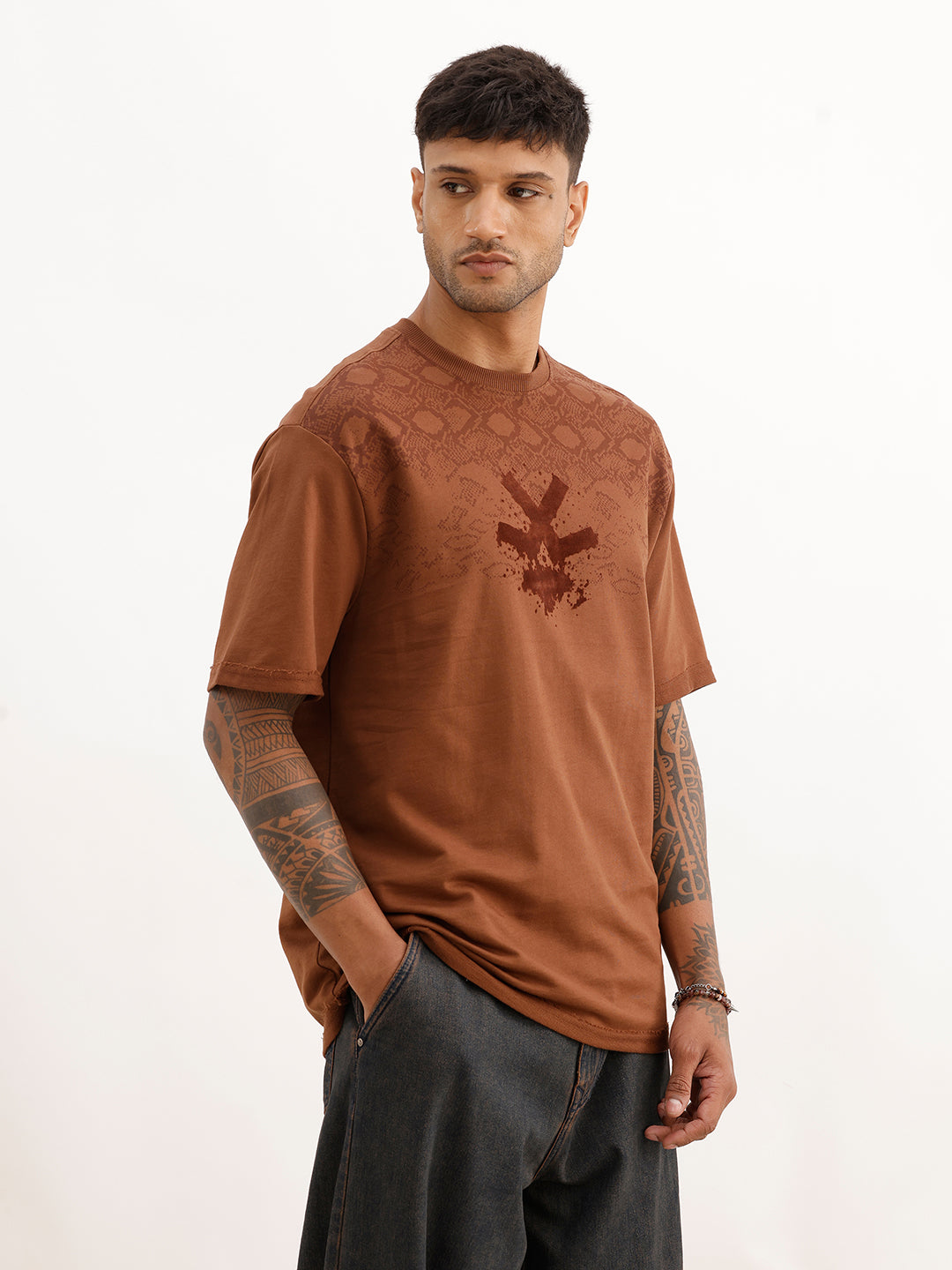 Oversized Placement Flock Printed T-Shirt | Brown
