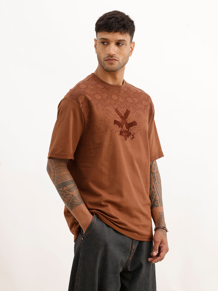 Oversized Placement Flock Printed T-Shirt | Brown