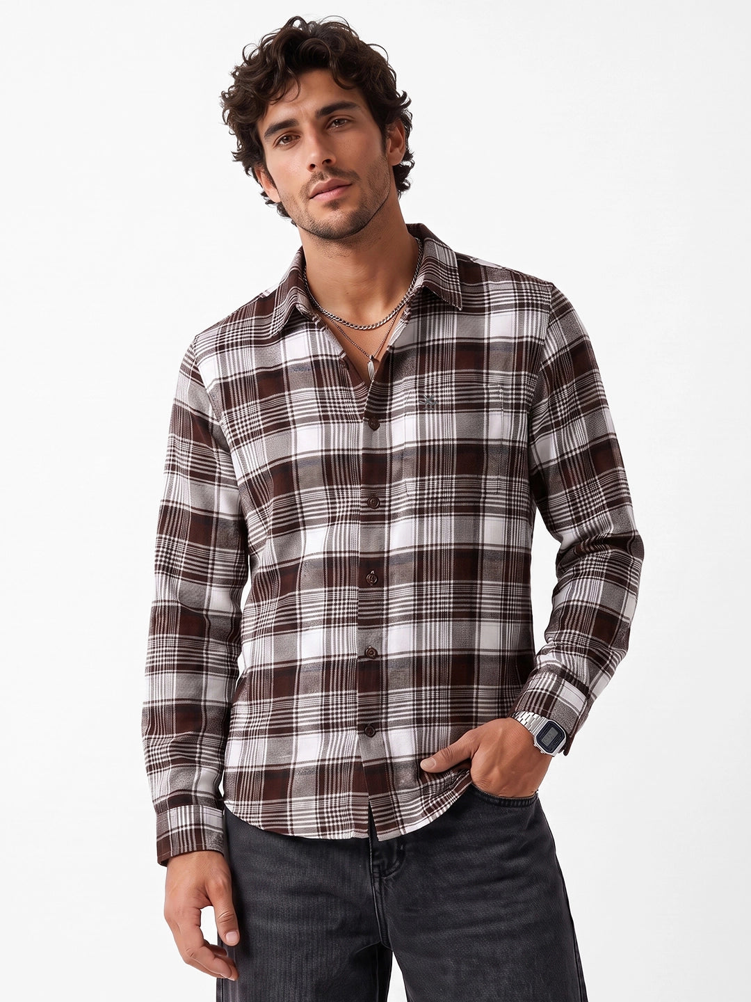Classic Slim Fit Checkered Shirt | Brown | WSH02FSSL0343S