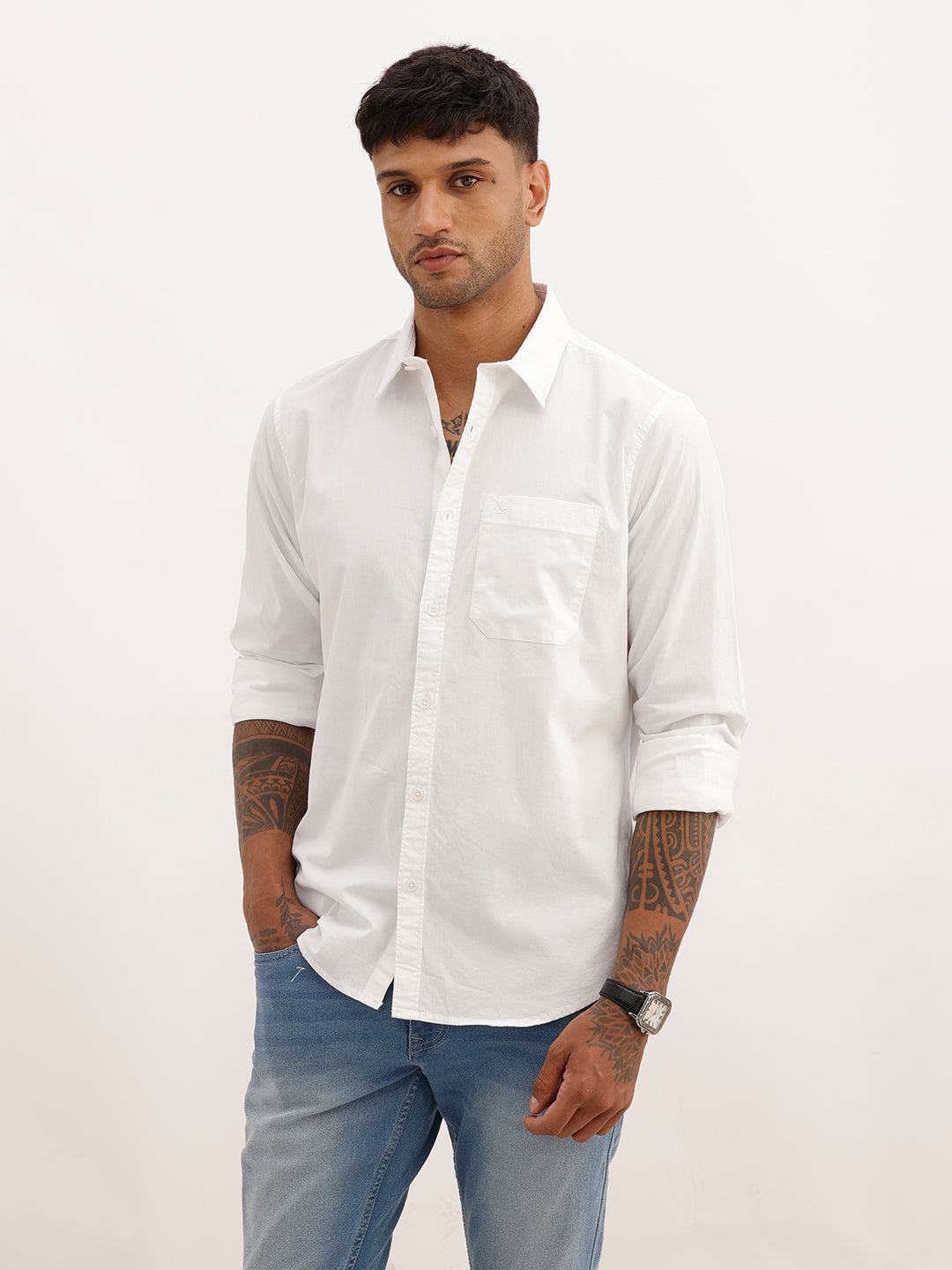 Solid Regular Fit Full Sleeve Shirt | White | WWSH0844MAZ