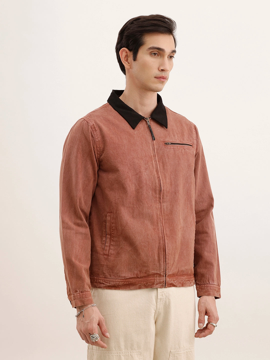 Regular Fit Zipper Denim Jacket | Brown