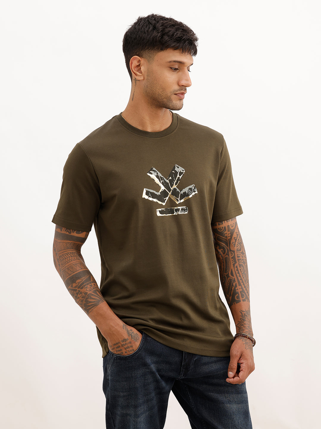 Slim Fit Foil Printed T-Shirt | Olive | WTS02HSSL1053S