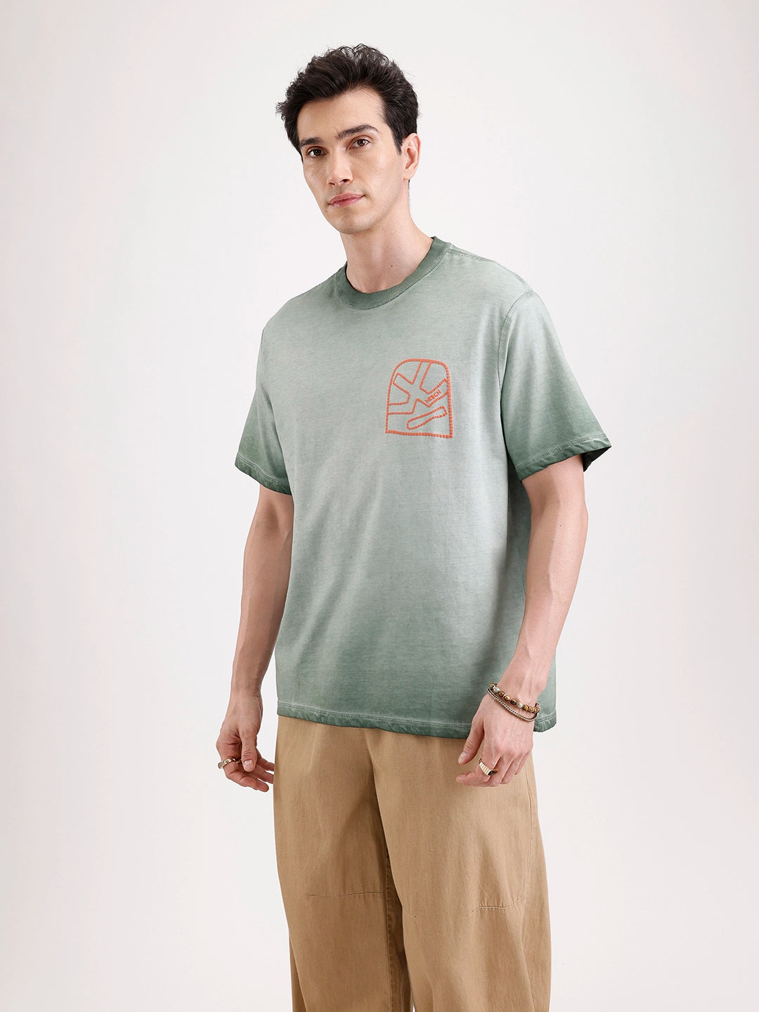 Washed Puff Printed Oversized T-Shirt   |  Olive