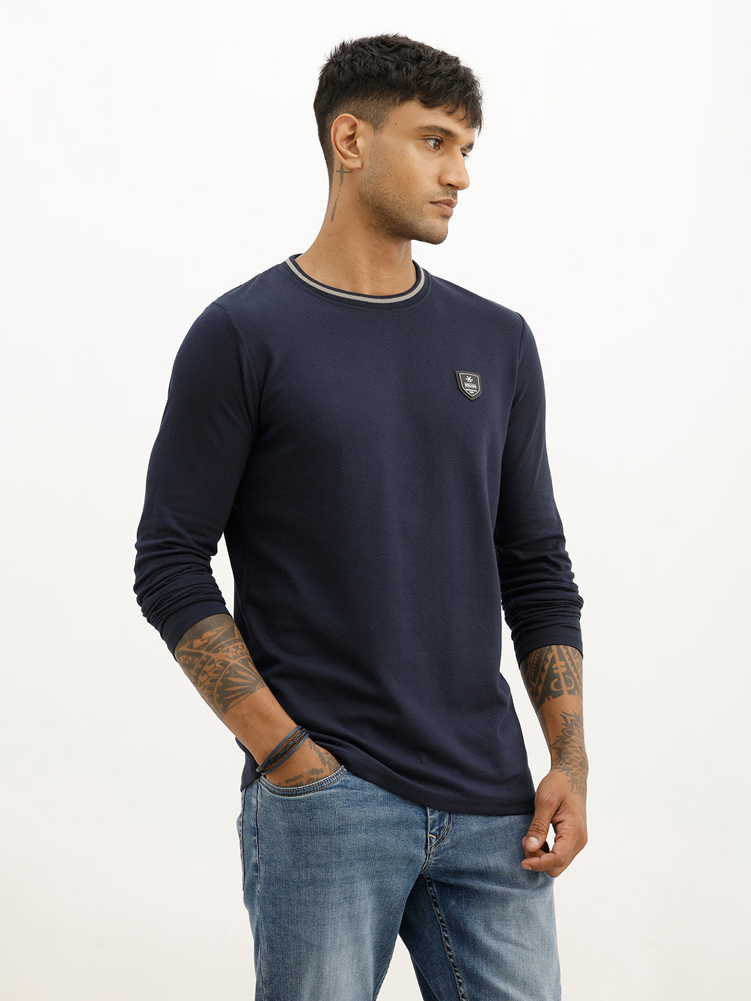 Solid Contrast Collar Full Sleeve T-Shirt | Navy Blue