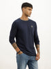 Solid Contrast Collar Full Sleeve T-Shirt | Navy Blue