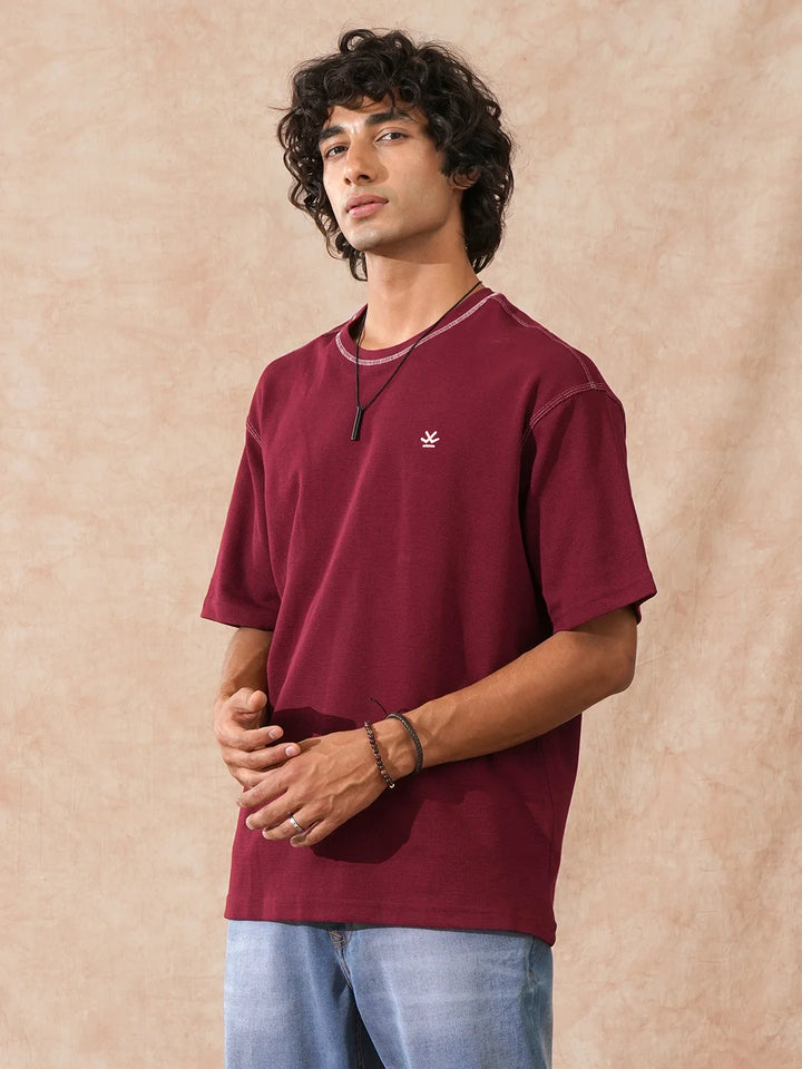 Textured Waffle Knit T-Shirt | Maroon