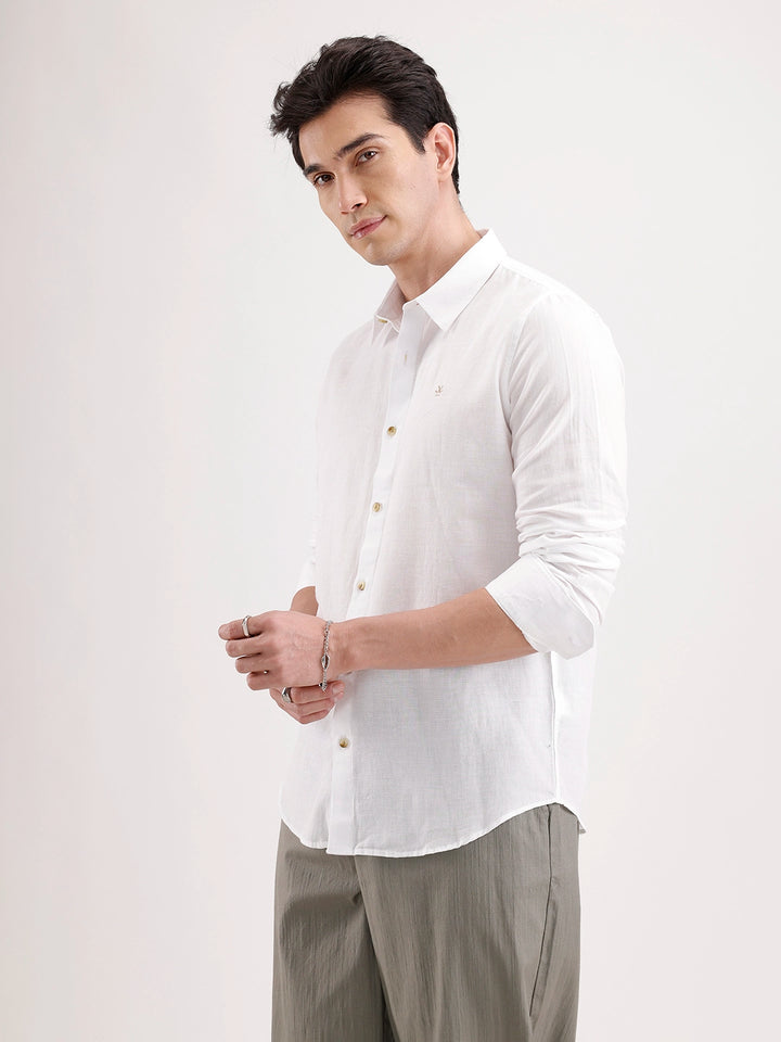 Solid Slim Fit Linen Blend Shirt  | White