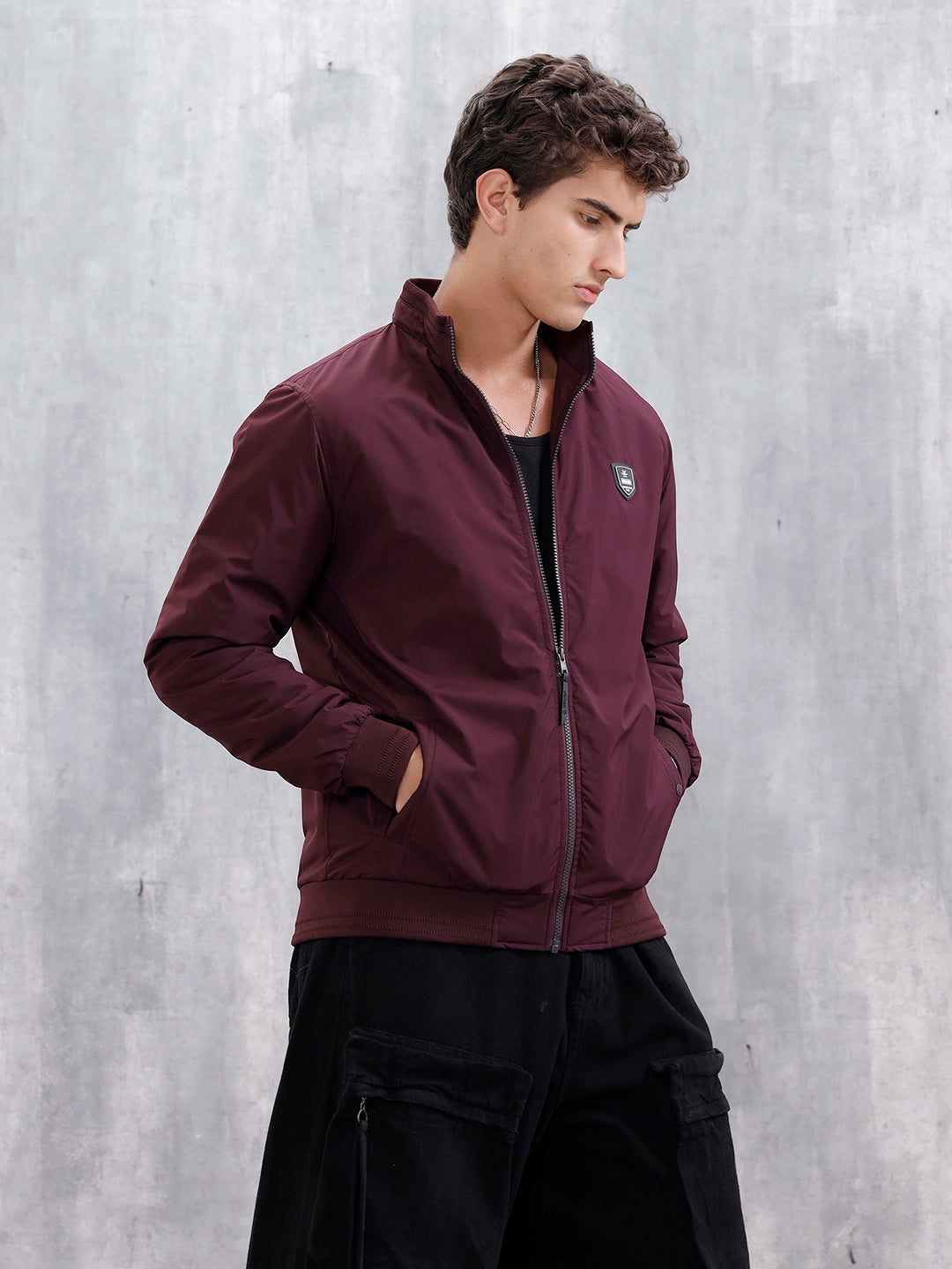 Men's Solid Casual Bomber Jacket  | Maroon