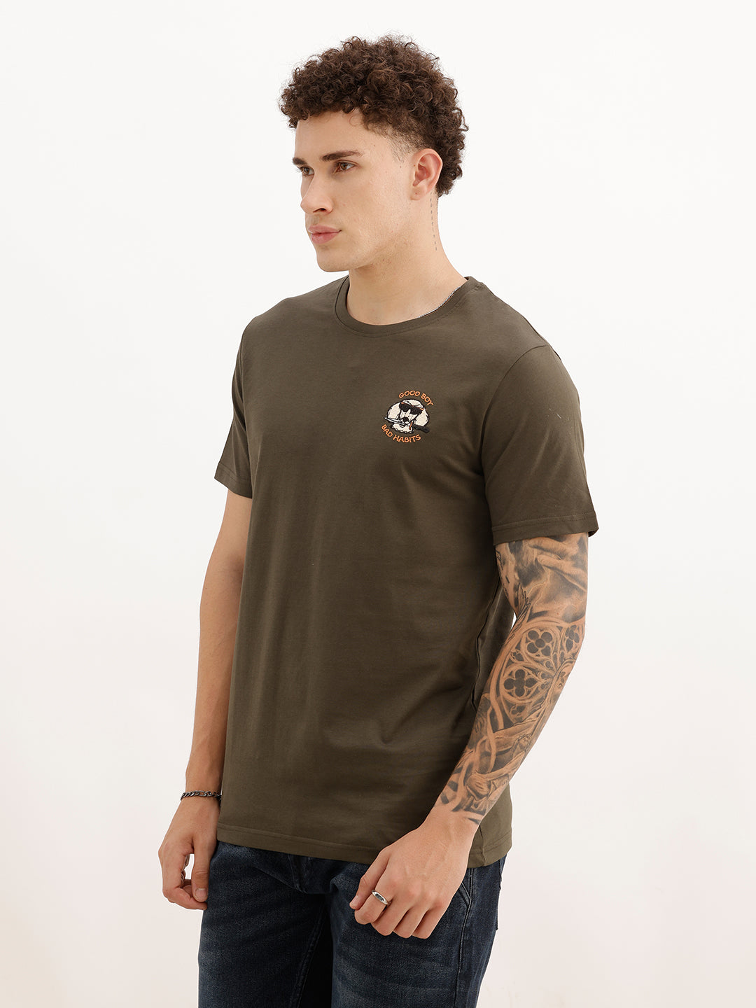 Slim Fit Embroidered Patch Detail T-Shirt | Olive | WTS02HSSL1383S