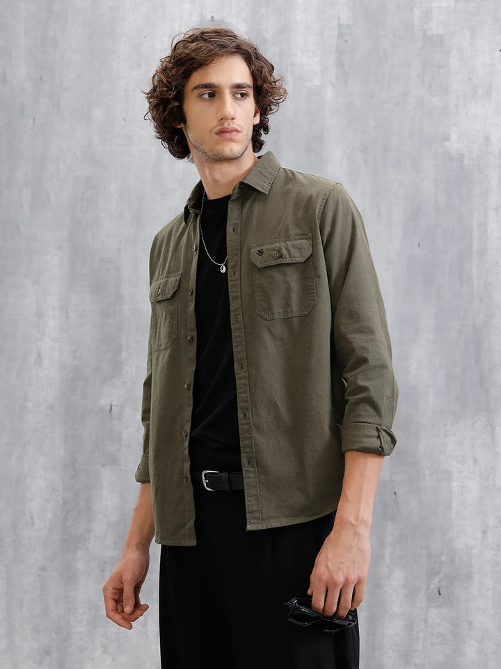 Double Pocket Solid Shirt | Olive
