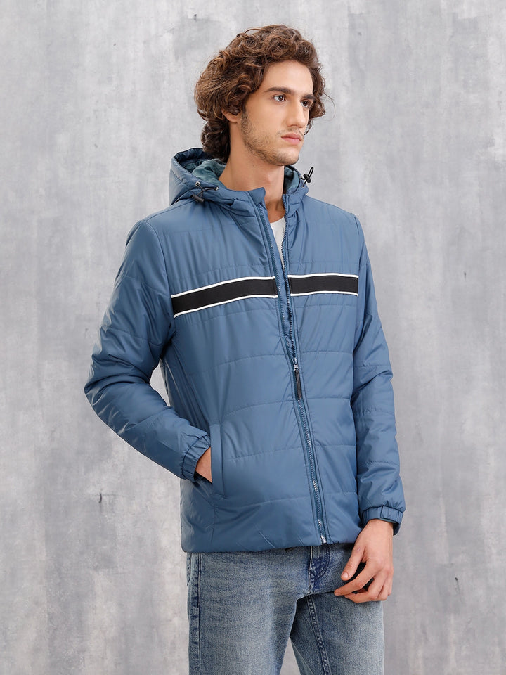 Quilted Hoodie Jacket With Tape Detail At Front I Blue