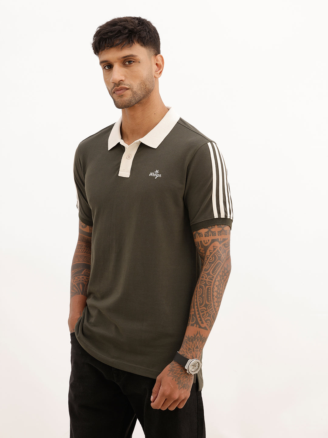 Slim Fit Side Stripe Polo T-Shirt | Olive