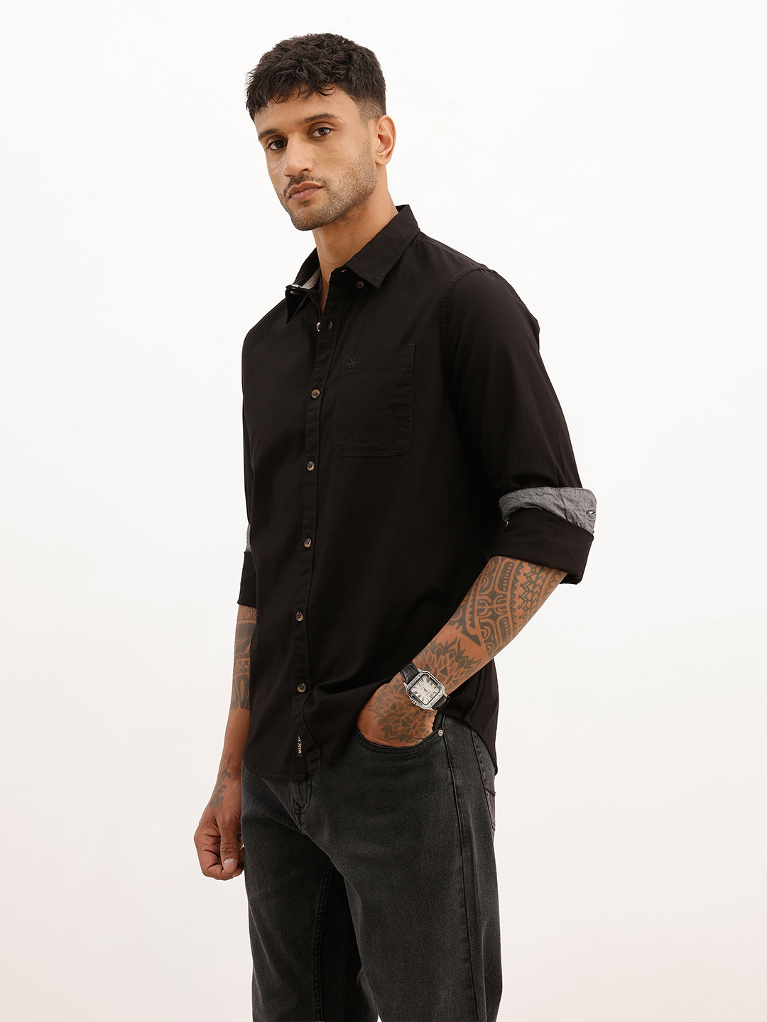 Solid Regular Fit Full Sleeve Shirt | Black | WNSH0502
