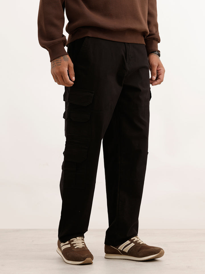Solid Loose Fit Cargo Trouser | Black