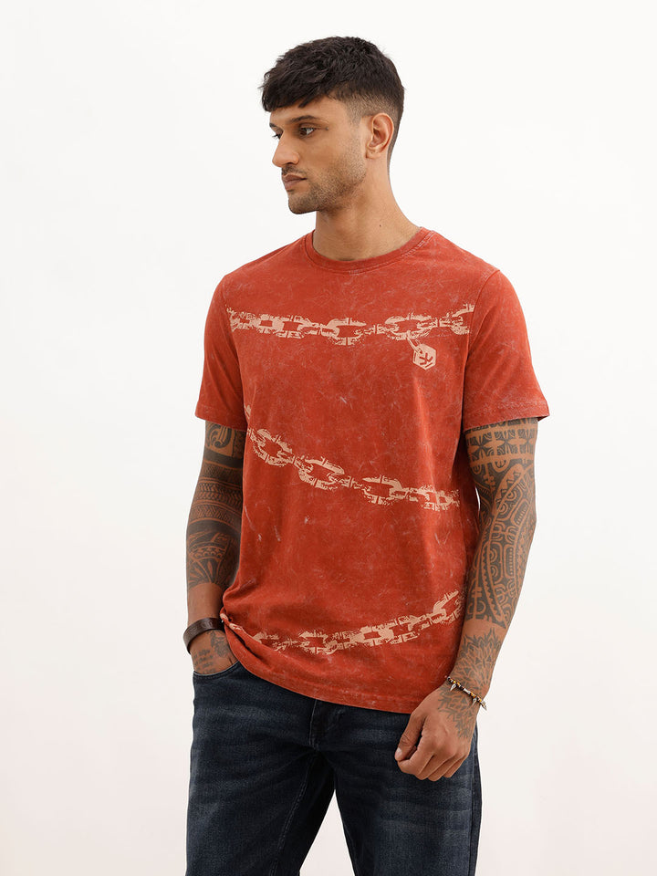 Slim Fit Washed Placement Printed T-Shirt | Rust