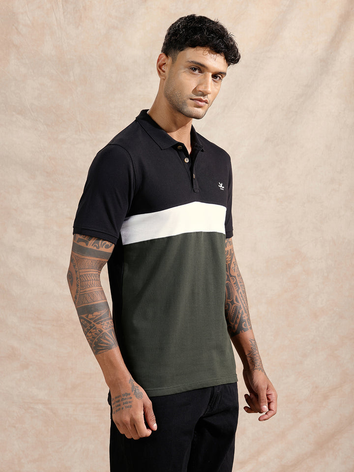 Cut & Sew Polo T-Shirt | Black & Olive
