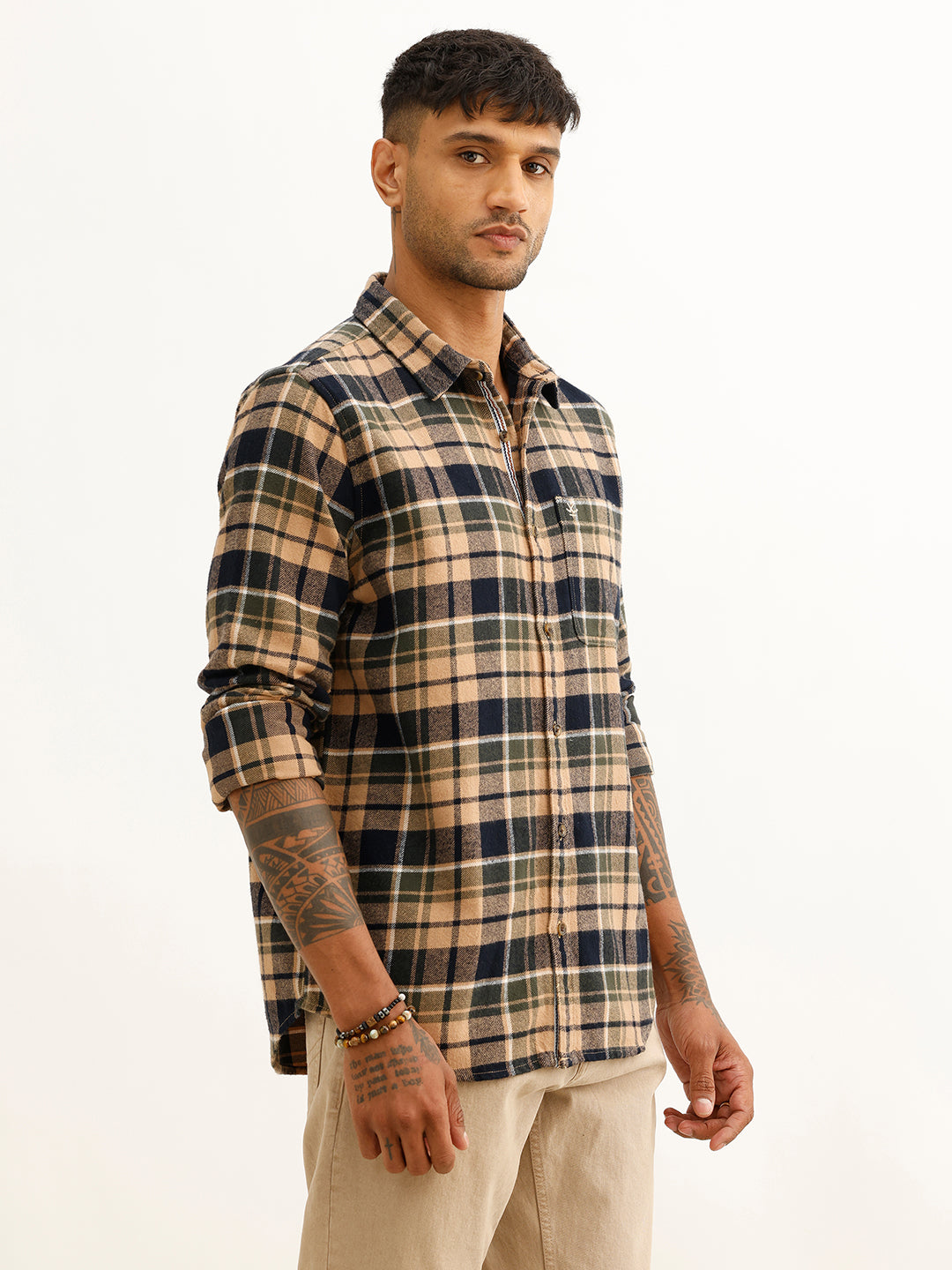 Classic Slim Fit Checkered Shirt | Khaki