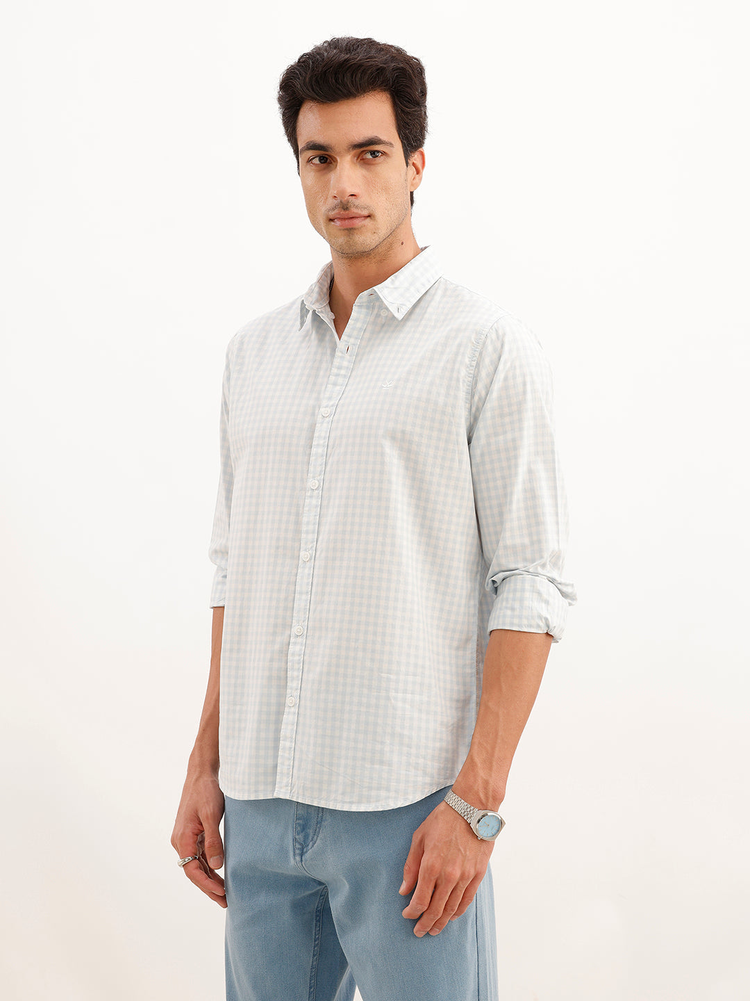 Regular Fit Full Sleeve Checkered Shirt | Light Blue