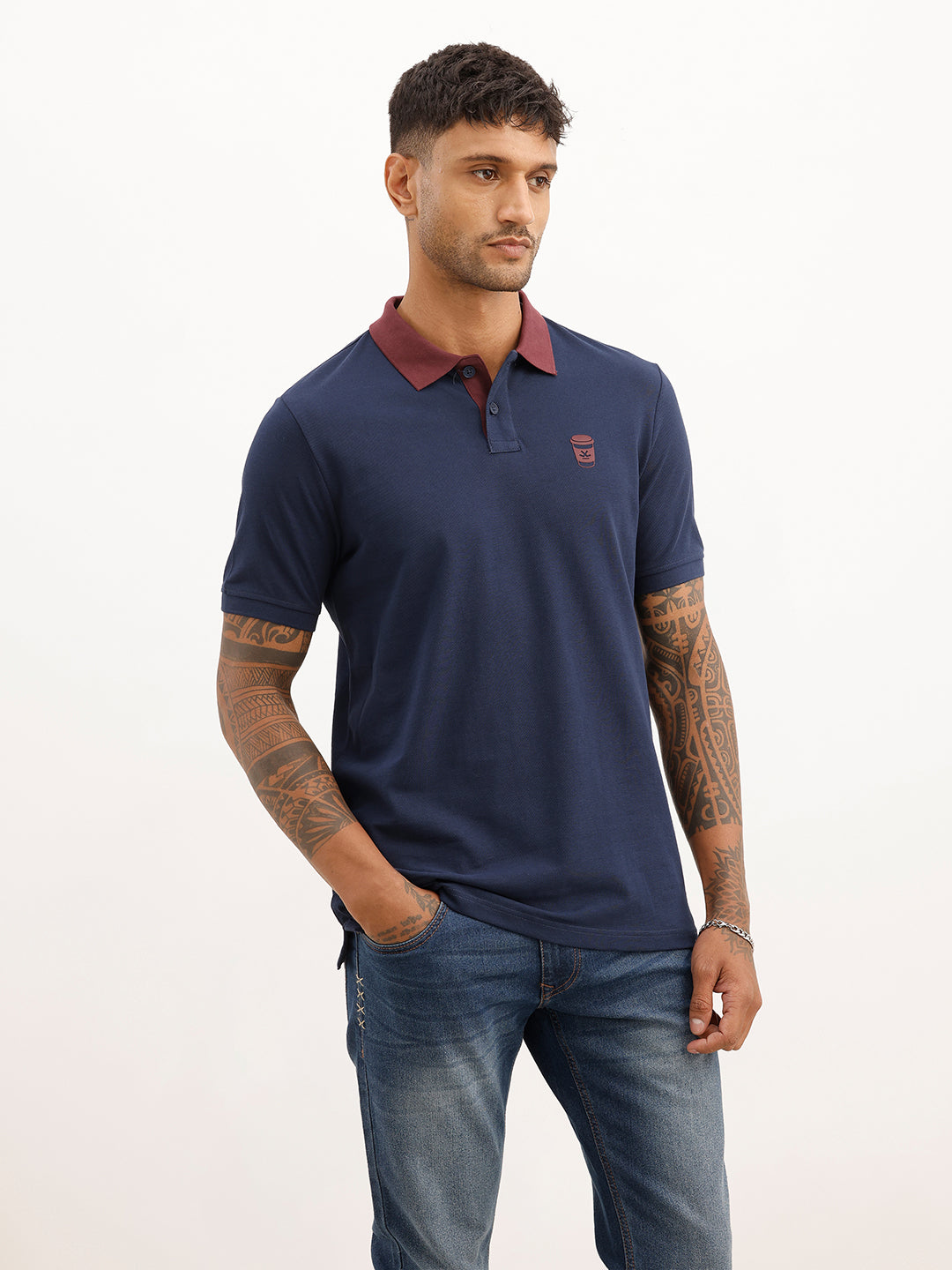 Slim Fit Contrast Collar Polo T-Shirt | Navy Blue | WPT01HSSL1284M