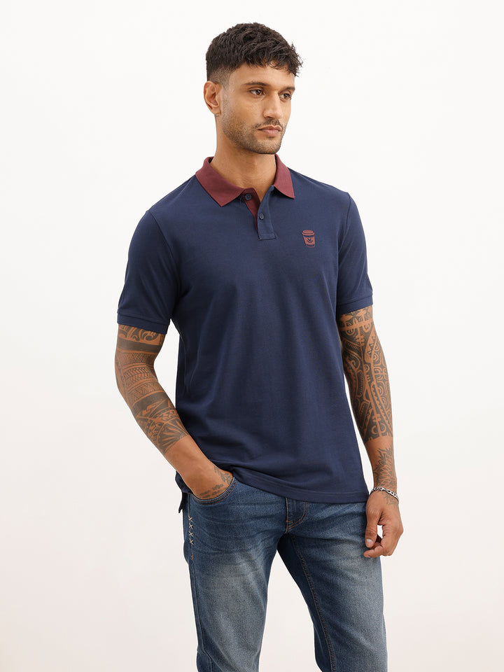 Slim Fit Contrast Collar Polo T-Shirt | Navy Blue