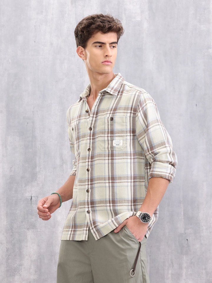 Double Pocket Comfort Fit Checks Shirt I Brown