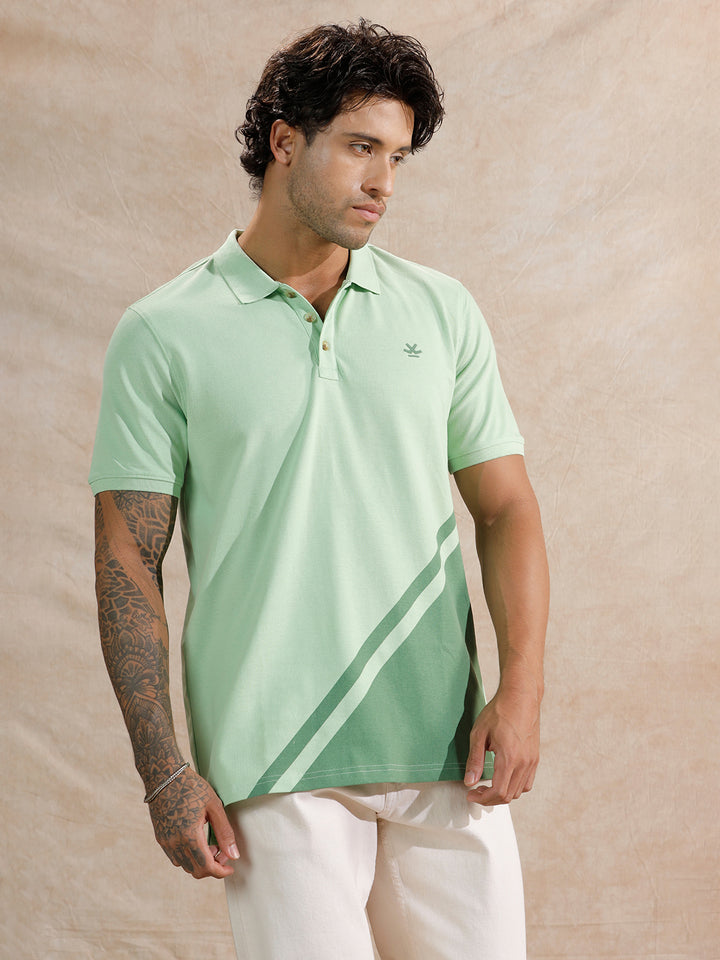 Diagonal Colour Blocked Polo T-Shirt | Light Green