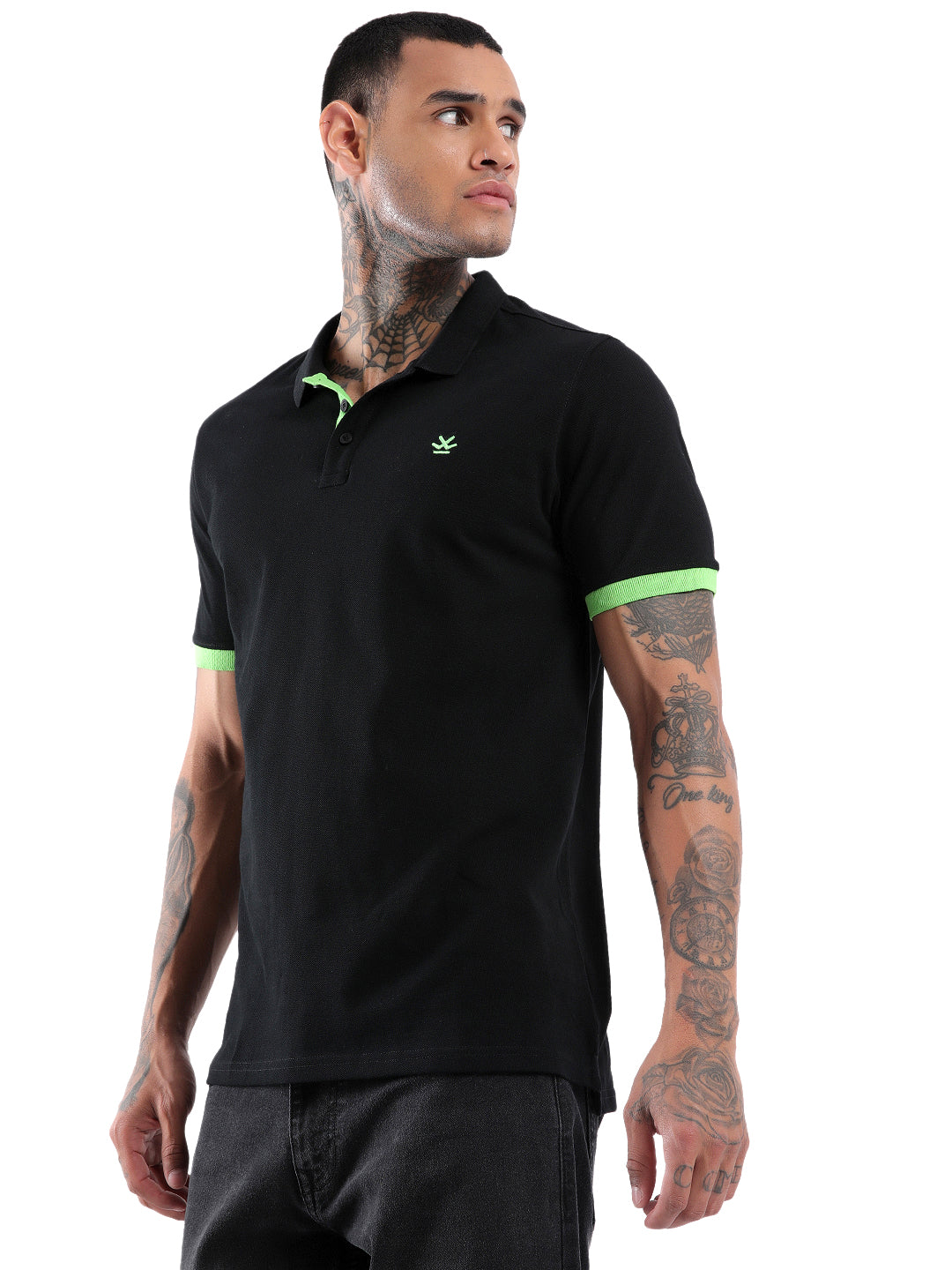 Solid Black Contrast Sleeve Polo