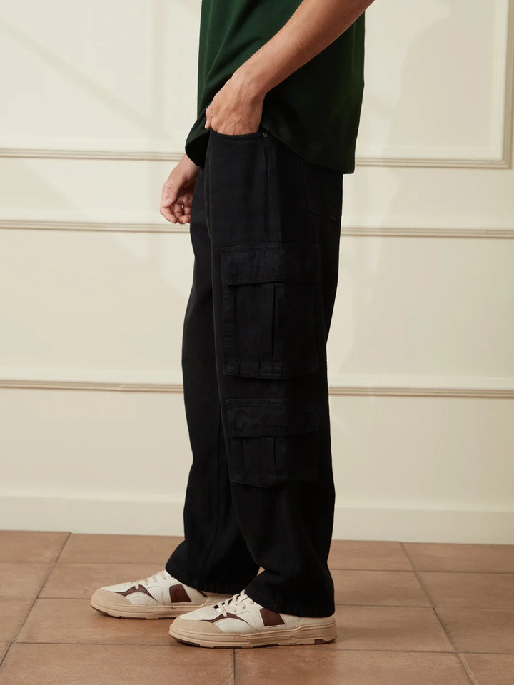 Casual Loose Fit Denim Cargo | Black