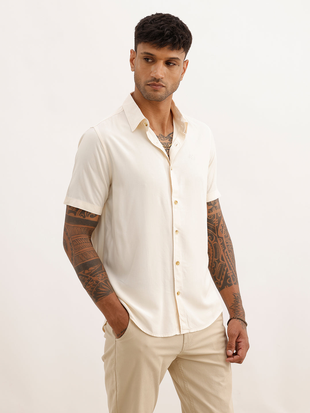 Solid Slim Fit Half Sleeves Shirt | Beige