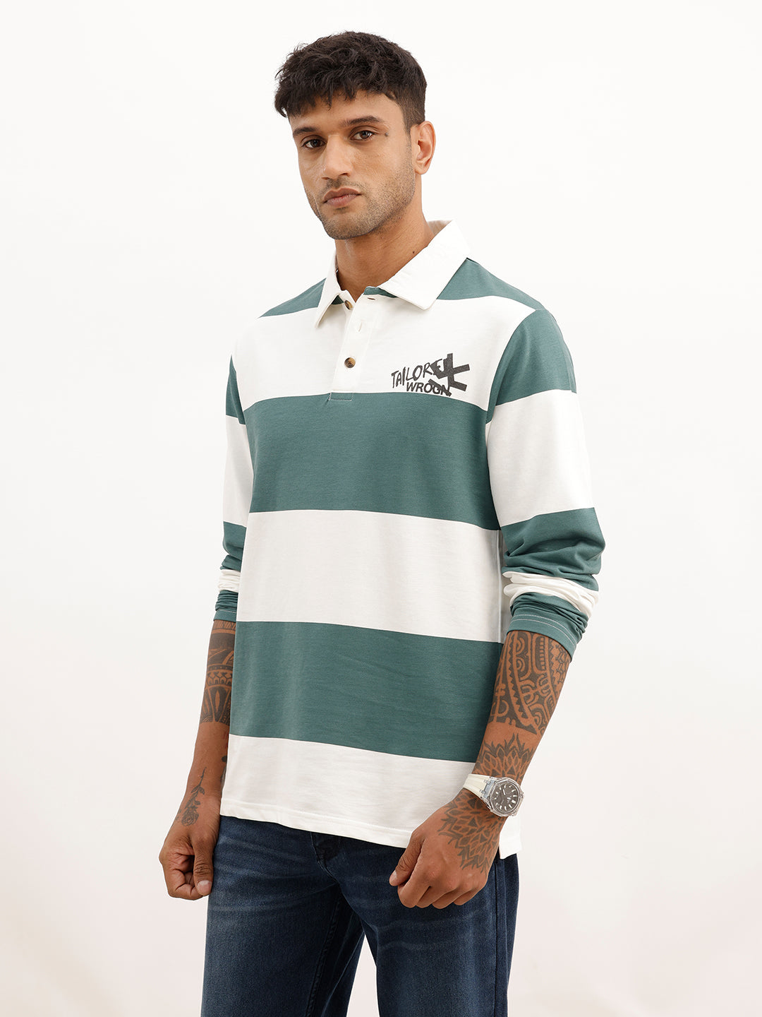Comfort Fit Full Sleeve Striped Polo T-Shirt | Off White