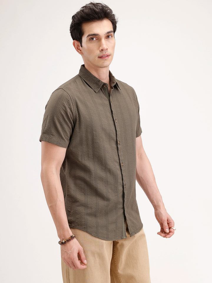 Slim Fit Textured Half Sleeve Shirt | Olive
