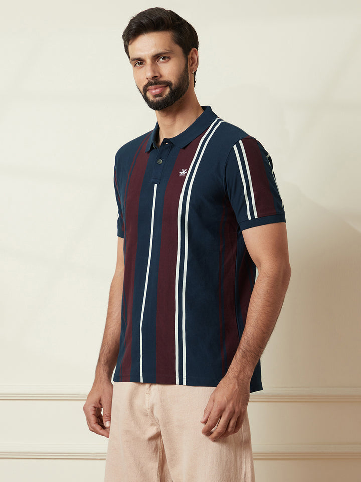 Navy Striped Slim Fit Polo T-Shirt