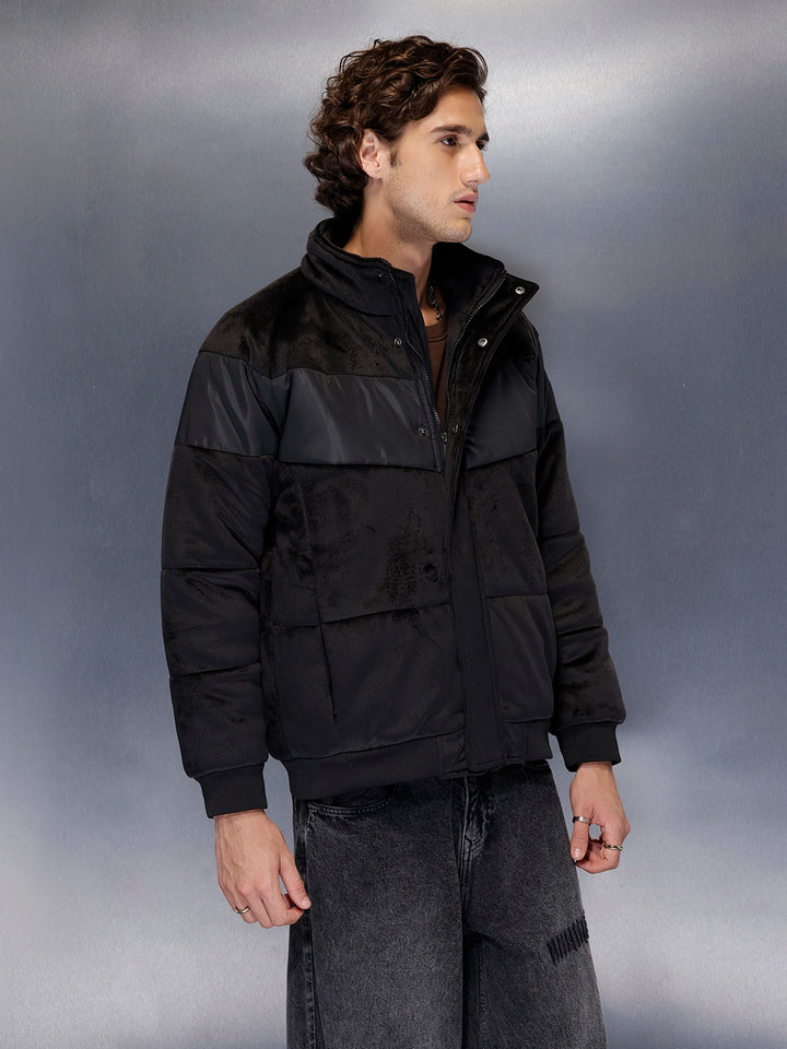 Men’s textured corduroy puffer with contrast panels | Black