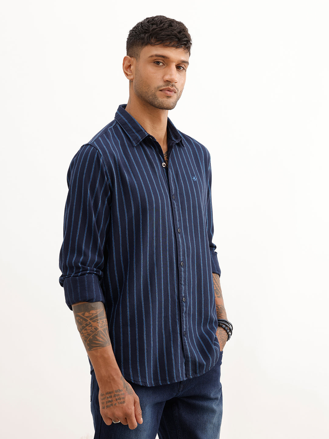 Regular Fit Striped Full Sleeve Shirt | Navy Blue